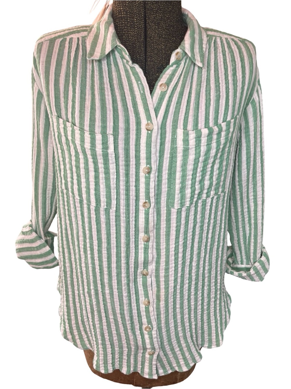Pilcro Green and White Striped Button Down Shirt - Picture 5 of 15